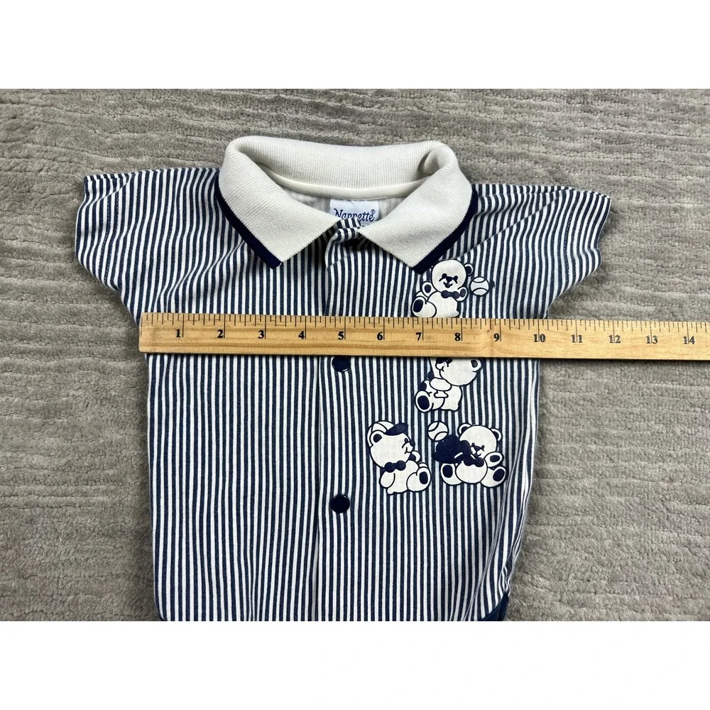 Nannette‎ Polo Bodysuit Baby Boy 3/6M Navy White Stripe Baseball Teddy Bear